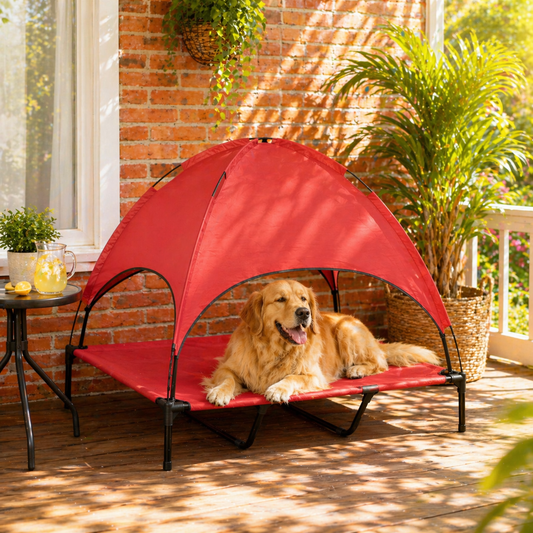 Dog lying on a red portable pet canopy on a sunny patio.

